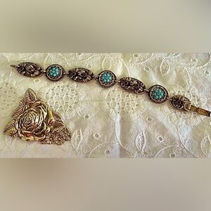 Gold Rose Motif Brooch with Turquoise Accent Bracelet